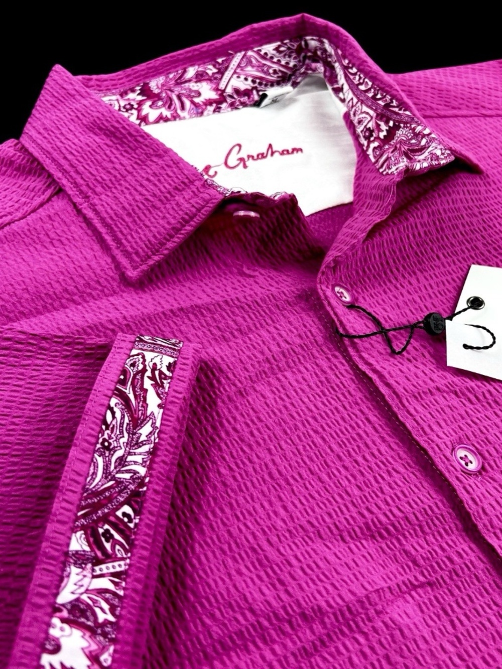 NEW Robert Graham Solid Paisley Short Sleeve Seersucker Large Magenta Shirt
